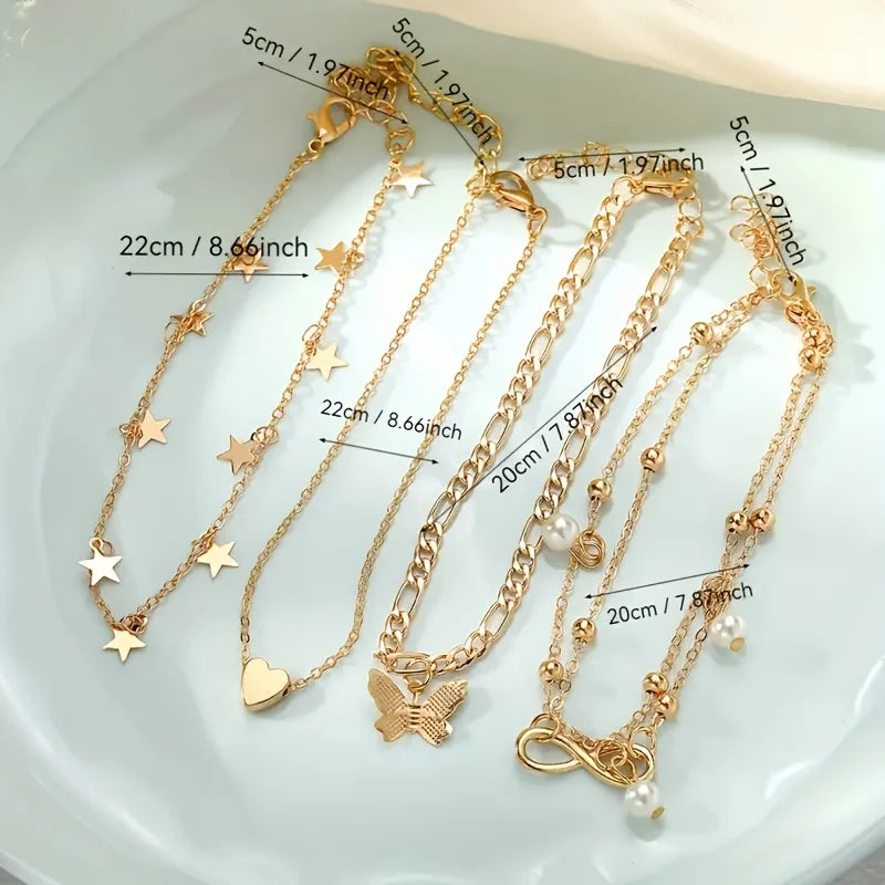4Pcs Elegant Butterfly Star Pearl Anklet Set for Women, Retro Multi-Layer Pendant Beach Anklets, Luxury Foot Jewelry for Girls