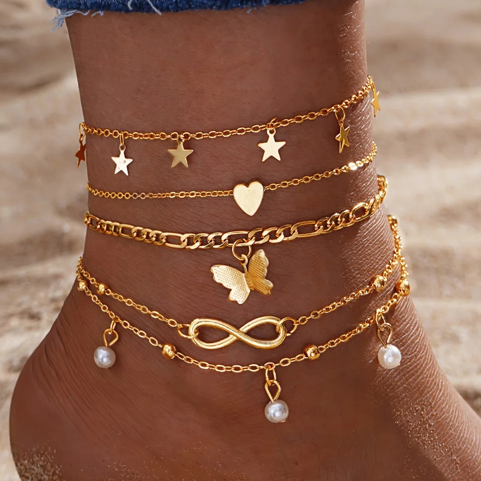 4Pcs Elegant Butterfly Star Pearl Anklet Set for Women, Retro Multi-Layer Pendant Beach Anklets, Luxury Foot Jewelry for Girls