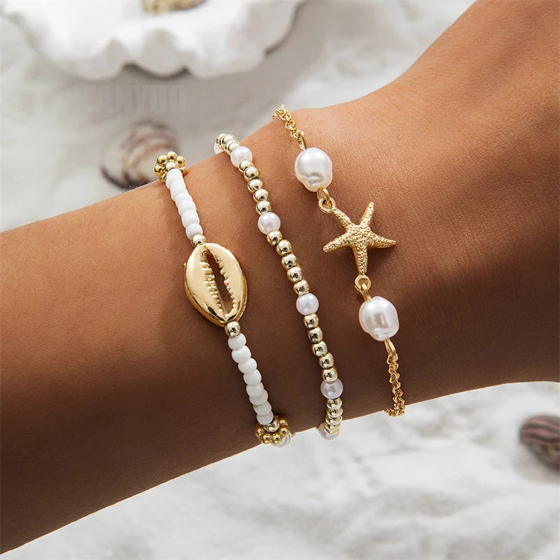 3Pcs Seaside Bohemian Starfish Shells Bracelets Set for Women Gold White Color Rice Beads Bracelets Summer Beach Jewelry Gifts