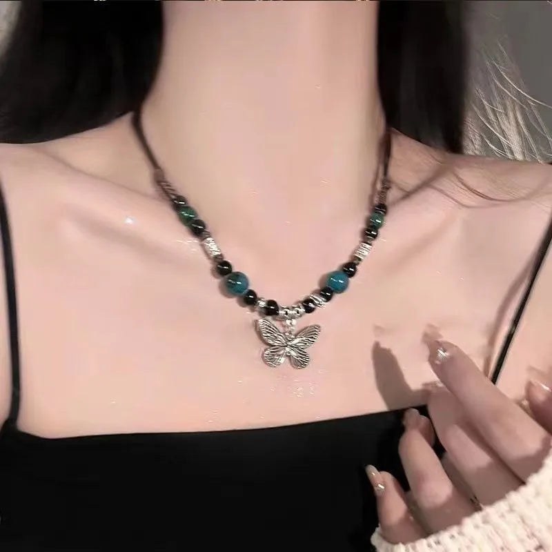 New Chinese style beaded butterfly necklace with a new high-end design niche sweater chain, women's summer collarbone chain