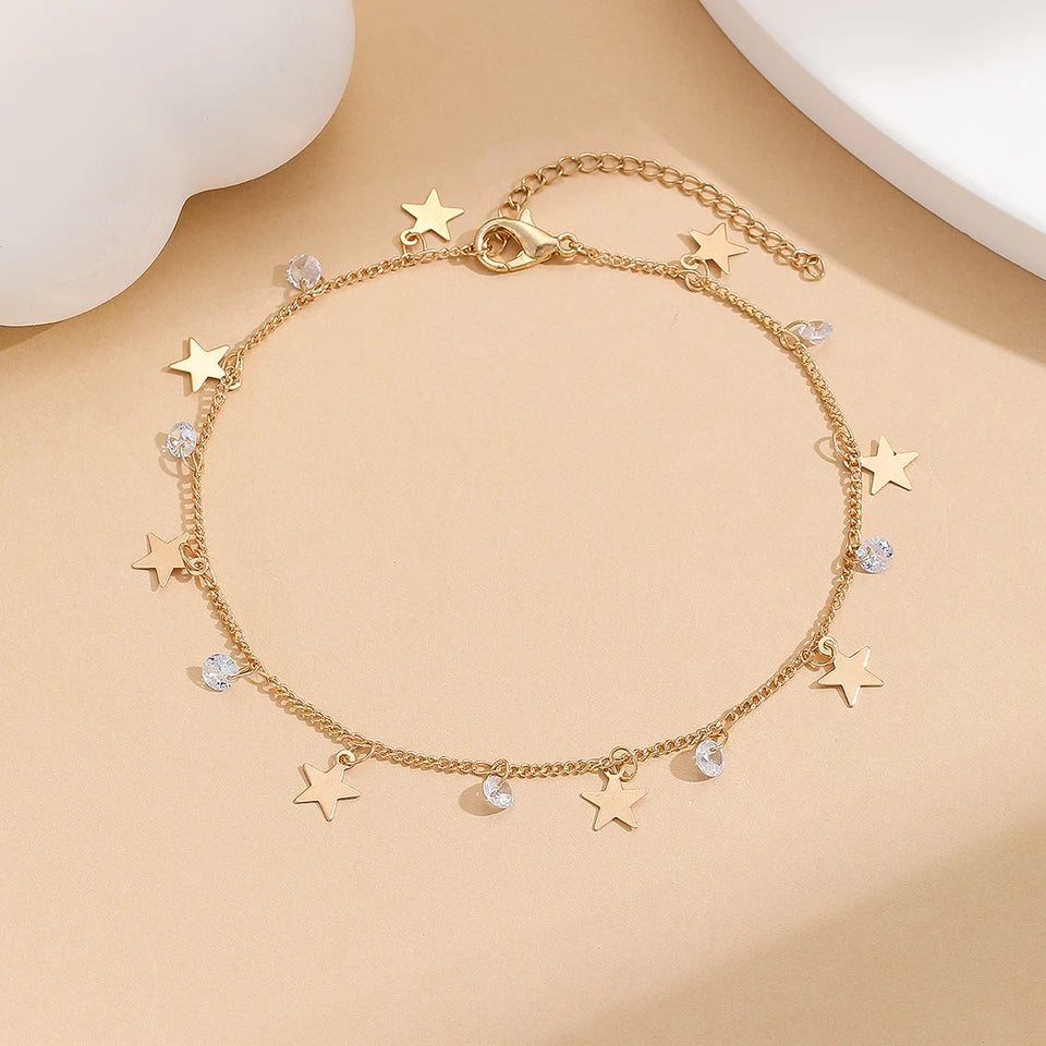 Kinitial Stainless Steel Zircon Star Anklets For Women Girls Summer Beach Foot Jewelry Fashion Birthday Party Gift